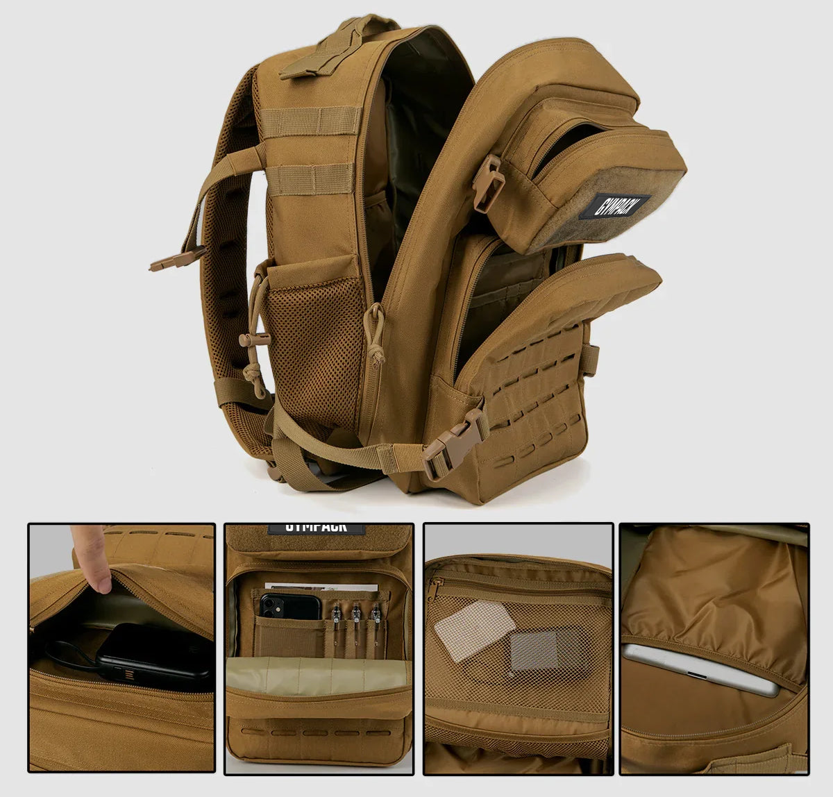 Mochila Gympack Pro 25L Cáqui - Vista Interna com Compartimentos Organizados